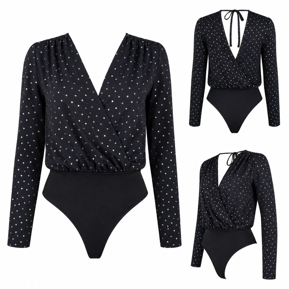 BCBGeneration Women's Black Metallic Polka Dot Long Sleeve Bodysuit Size S